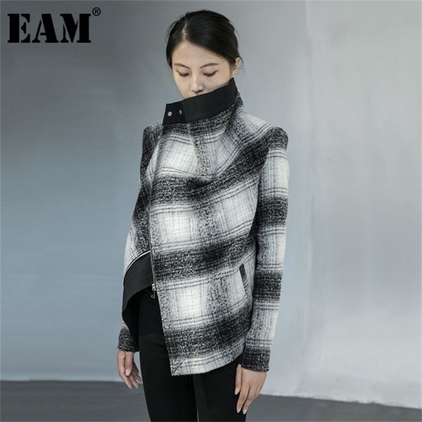 

[eam] loose fit black plaid split big size woolen coat parkas new long sleeve women fashion tide autumn winter 2021 1da901 201218