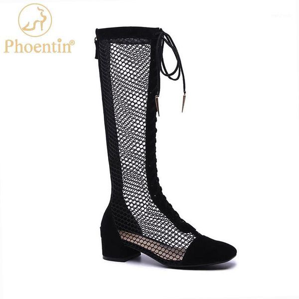 

phoentin black knee high boots mesh summer shoes 2020 lace up boots back zipper square toe mid real leather shoes women ft10311