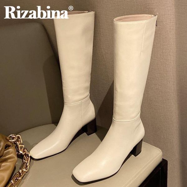 

rizabina real leather women knee boots thick heel square toe back zipper shoes warm boots fashion wome footwear size 33-40, Black