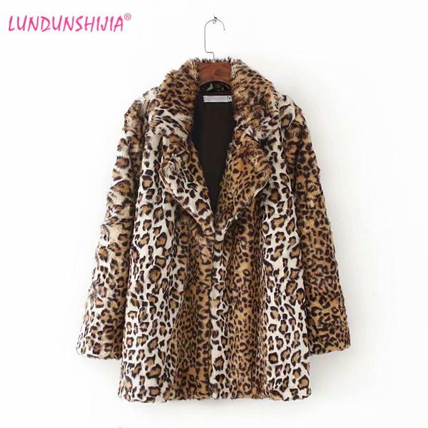 

lundunshijia women faux fur coats 2020 loose ladies outerwear leopard printed coats vintage thicken warm winter jacket, Black
