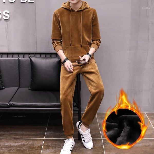 

winter mens fleece lining joggers sweatshirt set casual hoodies tracksuit velvet couple two pieces long pants sets big size 3xl1, Gray
