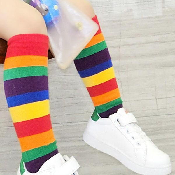 

baby girl knee high rainbow princess socks cute baby long tube booties striped socks1, Pink;yellow