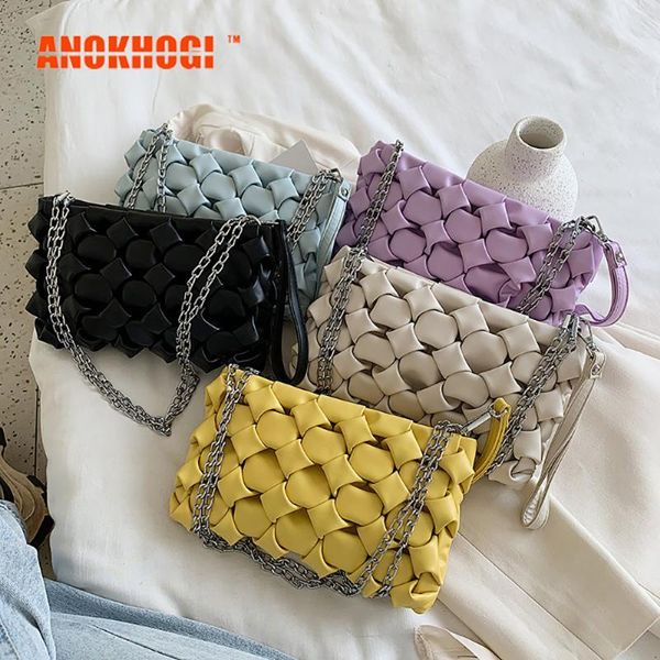 

anokhogi 2020 candy color woven pu women shoulder bags fashion metal straps all-match handbags zx53