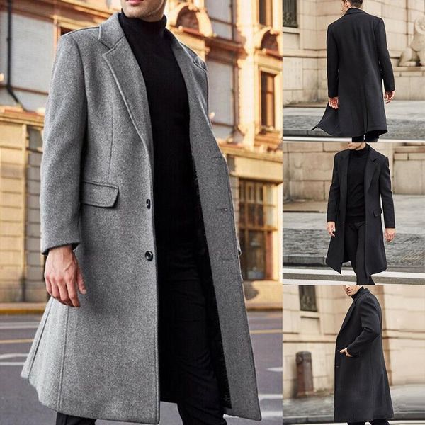 

men's wool & blends winter men coats en solid long sleeve jackets fleece overcoats streetwear fashion trench outerwear 2021 5xl, Black