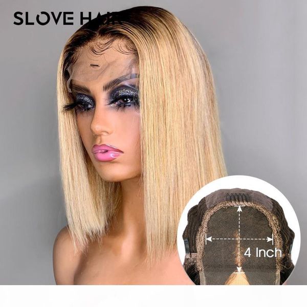 

150% bob straight 4x4 lace front human hair wig 1b 613 highlight remy brazilian plucked middle ratio slove hair, Black;brown