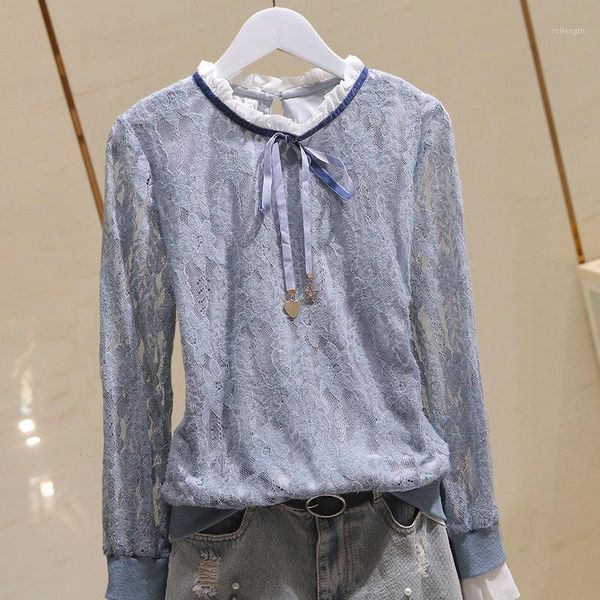 

lace women blouse autumn ruffles turtleneck solid loose elegant female office lady pulls outwear 1, White