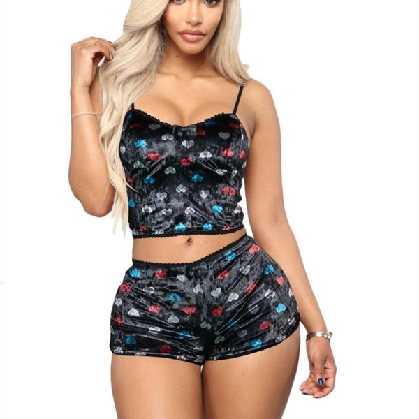 

2020 women velvet 2 piece outfit spaghetti strap sleeveless crop shorts set casual party outfits clothes set, Gray