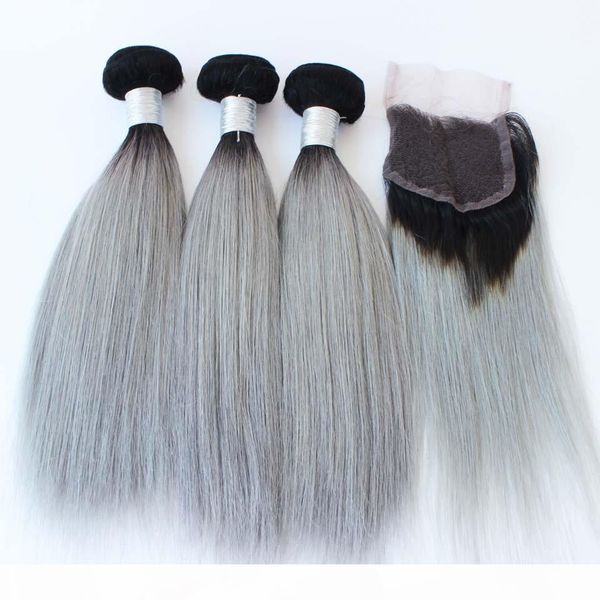 

brazilian grey hair weave 3 bundles with lace closure silver grey ombre hair extensions with closure 1b grey silky straight, Black