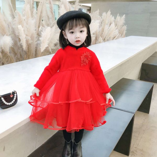 

autumn winter plush 2020 korean new girls' year's drs princs middle and small children's long sve gauze skirt, Red;yellow