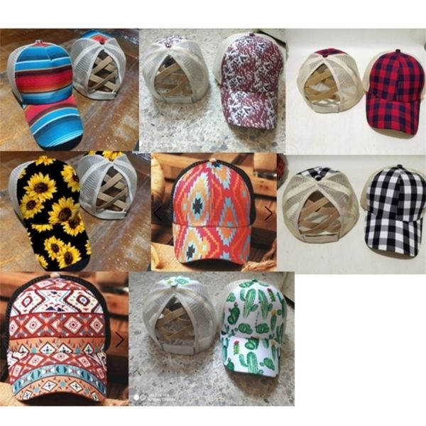 

2021 womens plaid striped ponytail baseball caps criss cross adjustable mesh hat sunflower leopard trucker hats sun visor head wear h2309, Yellow