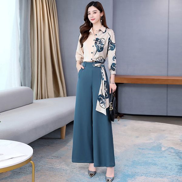 

spring printing luxury piece all female leg floral wide print pantalon et haut femme suit woman 43uj, White