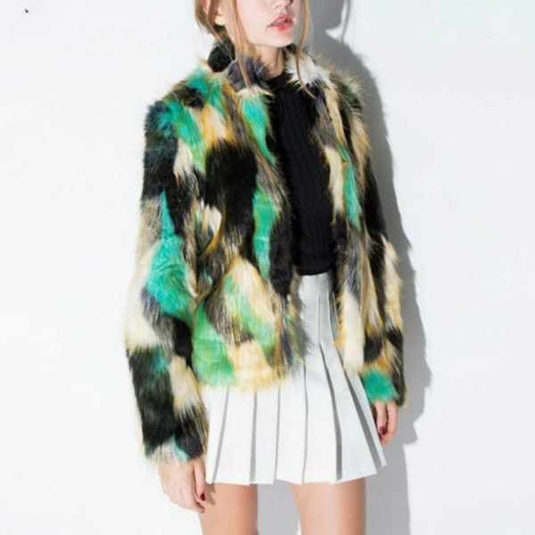 

women's fur & faux chic stitching coat mix color long sleeve jacket winter warm multi-color green artificial short cardigan 1, Black