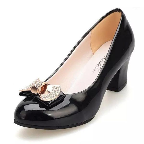 

pumps 2020 new women's single shoes thick heel round heels rhinestone bow patent leather large size women's shoes1, Black