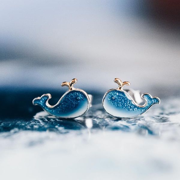 

stud cute genuine creative design fashion blue symmetry whale enamel earrings for women wedding party jewelry gift accessories, Golden;silver