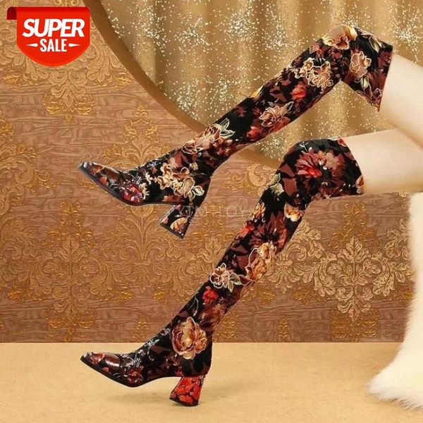 

ladies thigh high boots women over the knee print flower shoes autumn winter warm pointed toe square heel botas mujer #hc6u, Black
