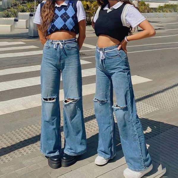 

nclagen women jeans knee ripped hole loose casual denim trousers high waist vintage disco omighty pants workout beggar capris1, Blue