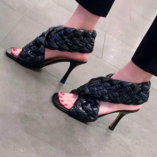 

summer brand design weave sandal thin high heel dress shoes slip on peep toe pump shoes outdoor sandal shoes, Black