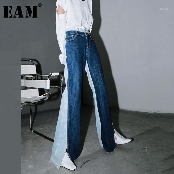 

eam] blue contrast color split joint long wide leg jeans new high waist loose women trousers fashion spring autumn 2020 1t2761