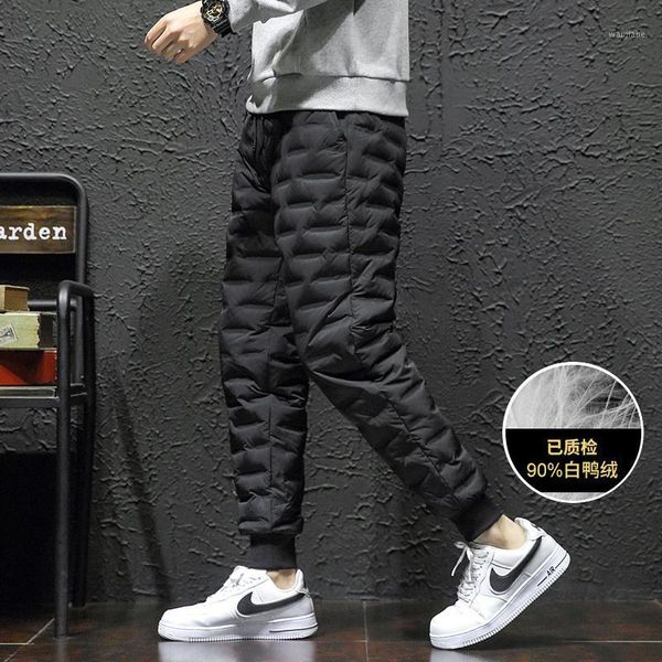 

winter outdoor man down pants 90% white duck down solid thicken windproof warm soft slim casual hiking camping trousers1, Black