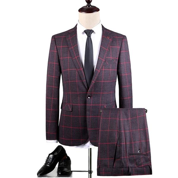 

men's suits & blazers autumn men slim fit two-piece set, wedding party male plaid suit blazer jacket and pant red gray size s m  xl xx, White;black
