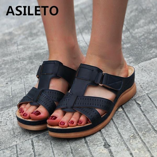 

asileto new 2021 women sandals open toe 5cm wedge heels platform simple classic buckle slip-on colorful big size 36-44 s21511, Black