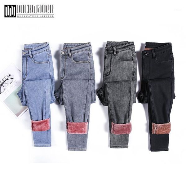 

duckwaver women jeans velvet lining winter thick fleece high waist women's jeans full length pencil mom plus size trousers1, Blue