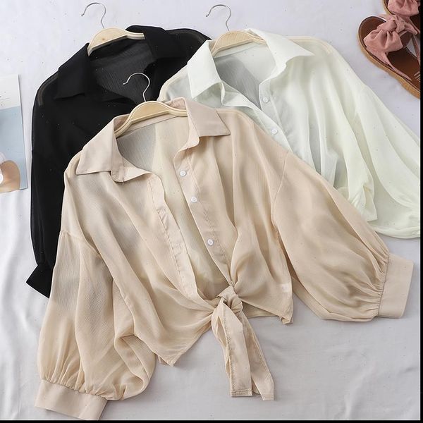 

lantern sleeve chiffon shirts women 2021 summer transparent beach shawl shirt tied waist elegant women blouses cropped, White