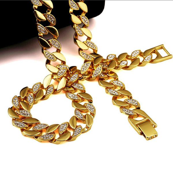 

men hip hop iced out 18k gold plated w/cz curb miami cuban link chain necklace & bracelets bling bling jewelry set, Silver