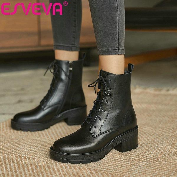 

esveva 2021 cow leather classic fashion square high heel ankle boots platform women boots zipper lace up big size 34-39, Black
