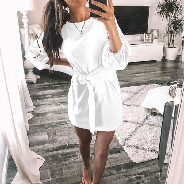 

casual dresses sweet summer women mini o neck chic 3/4 sleeve female vestidos waist bandage femme party dress sj3025c, Black;gray