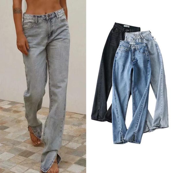 

high waist jeans women split bottom denim pants streetwear fashion trousers full length jean pant streetwear retro vintage jeans new design, Blue