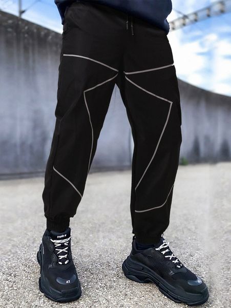 

men reflective drawstring waist pants k2c4#, Black