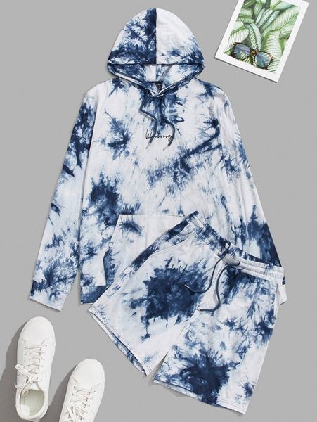 

men tie dye letter embroidery hoodie & sweatpants set y0kl#, Gray