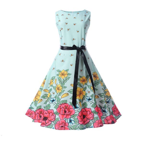 

waistband positioning flower hepburn style 50s slim swing dress with belt 5, Black;gray