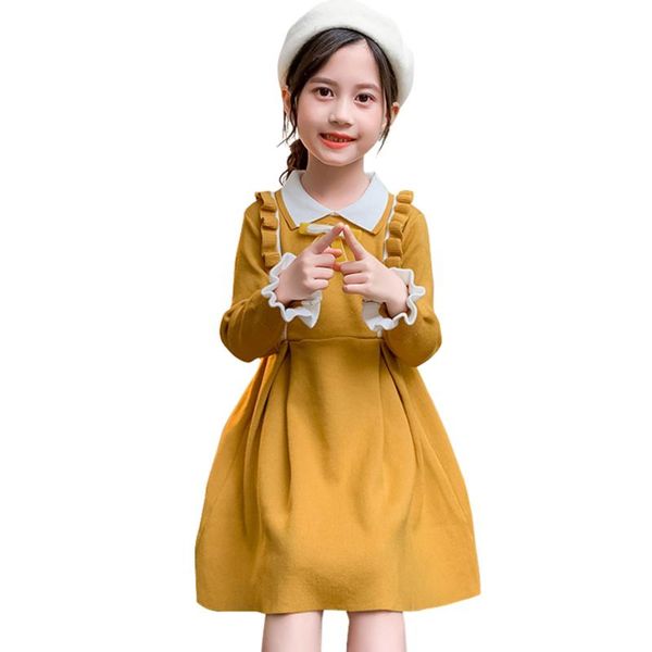 

girl's dresses big girls dress with bow knitted for girl patchwork kids autumn winter children clothing, Red;yellow