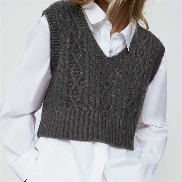 

women's vests zxqj women 2021 fashion loose cable-knit vest sweater vintage v neck sleeveless female waistcoat chic, Black;white