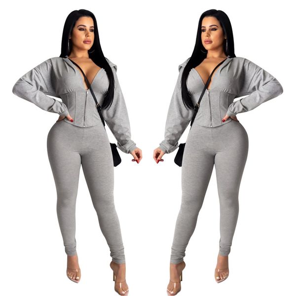 

stylish solid-color dark v-neck front zipper hooded two-piece suit, White