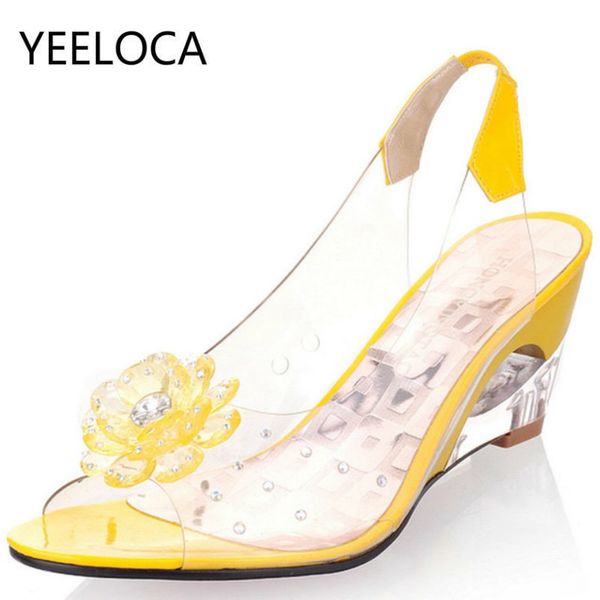 

yeeloca 6.5cm wedges sandals women summer sweet flowers transparent open toe heels sandals fishmouth red sandals plus size 33-43, Black