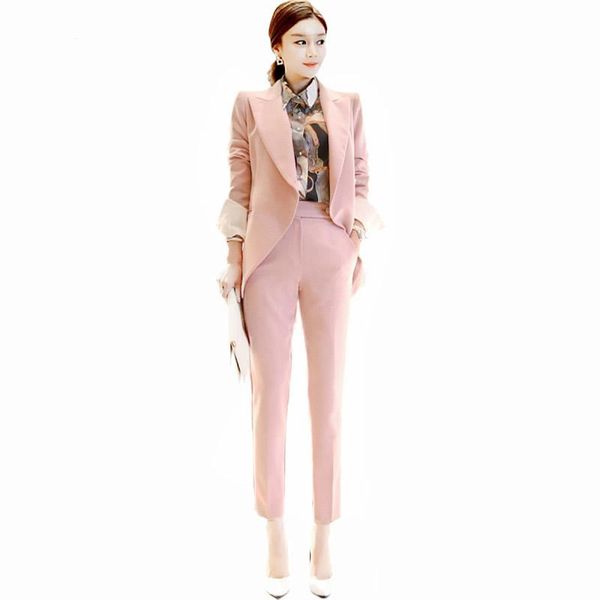 

2020 женская одежда осень костюмы полное рукава blazer пальто длинные pant сплошной розовый тонкий делопроизводство два кусочка наборы, White