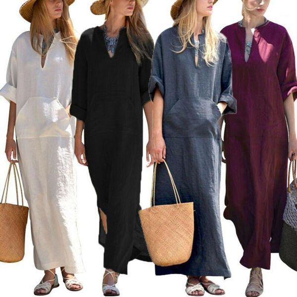 

women vintage maxi long dress 2020 summer v neck long sleeve split casual loose linen vestidos caftan big size 2xl1, Black;gray
