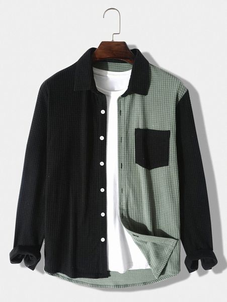 

men color block patched pocket corduroy shirt without tee k17i#, White;black