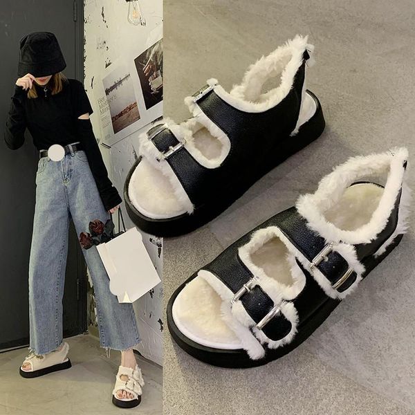

black platform sandals buckle fashion womens shoes 2020 summer heels flip fur suit female beige espadrilles luxury ladies low