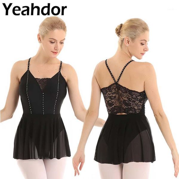 

women spaghetti shoulder straps with shiny rhinestones lace back leotard bodysuit ballet dance gymnastic leotard dress1, Black;red