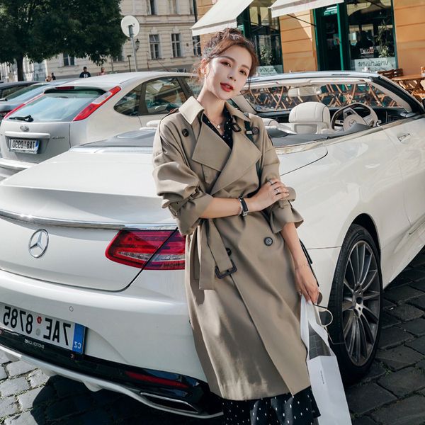 

2021 new autumn with belt women clothes khaki coat feminino harajuku abrigo mujer long trench femme v3zf, Tan;black