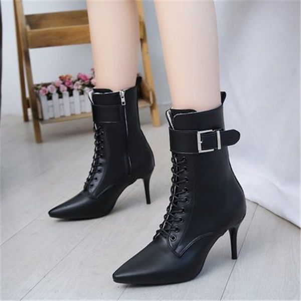 

new female 2021 fashion high-heeled buckle pointed toe lace up to ladies leather shoes autumn boots black ypqk