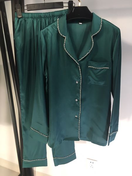 

european designer silk fabrics pajama suit edge rhinestone bead design, White