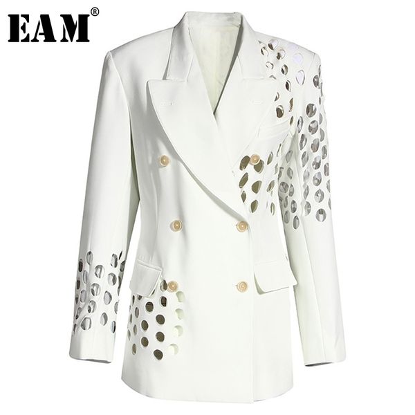 

[eam] women white hollow out double breasted blazer new lapel long sleeve loose fit jacket fashion spring autumn 2020 lj201021, White;black