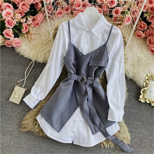 

2021 new spring fashion temperament long sleeve irregular lace sling two-piece mid-length solid color shirt dress mwpu, Black;gray