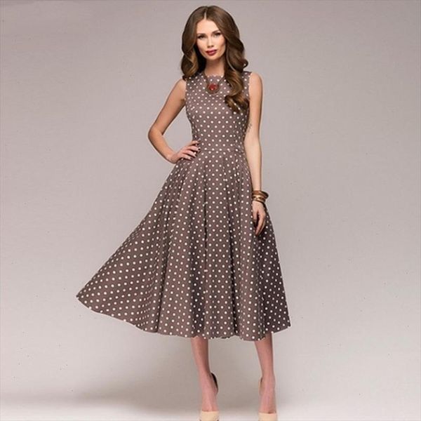 

elegant swing dress vintage polka dots party dresses lady sleeveless o neck retro midi dress robe female, Black;gray