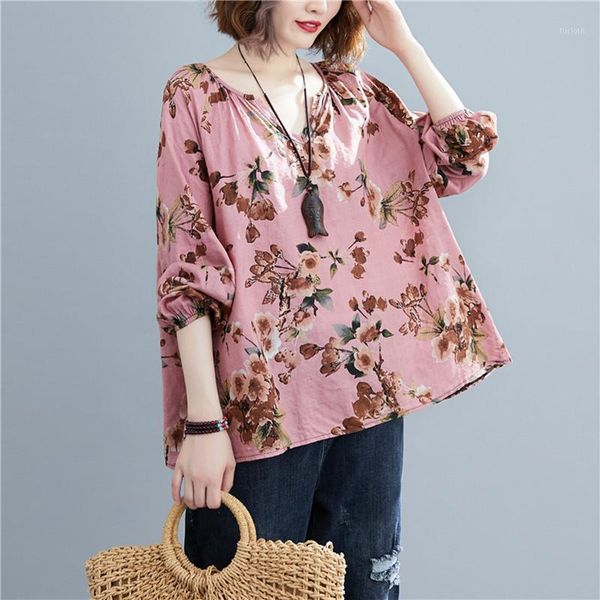 

johnature new korean floral print v-neck loose womens and blouses 2020 autumn casual pink all match female shirts1, White